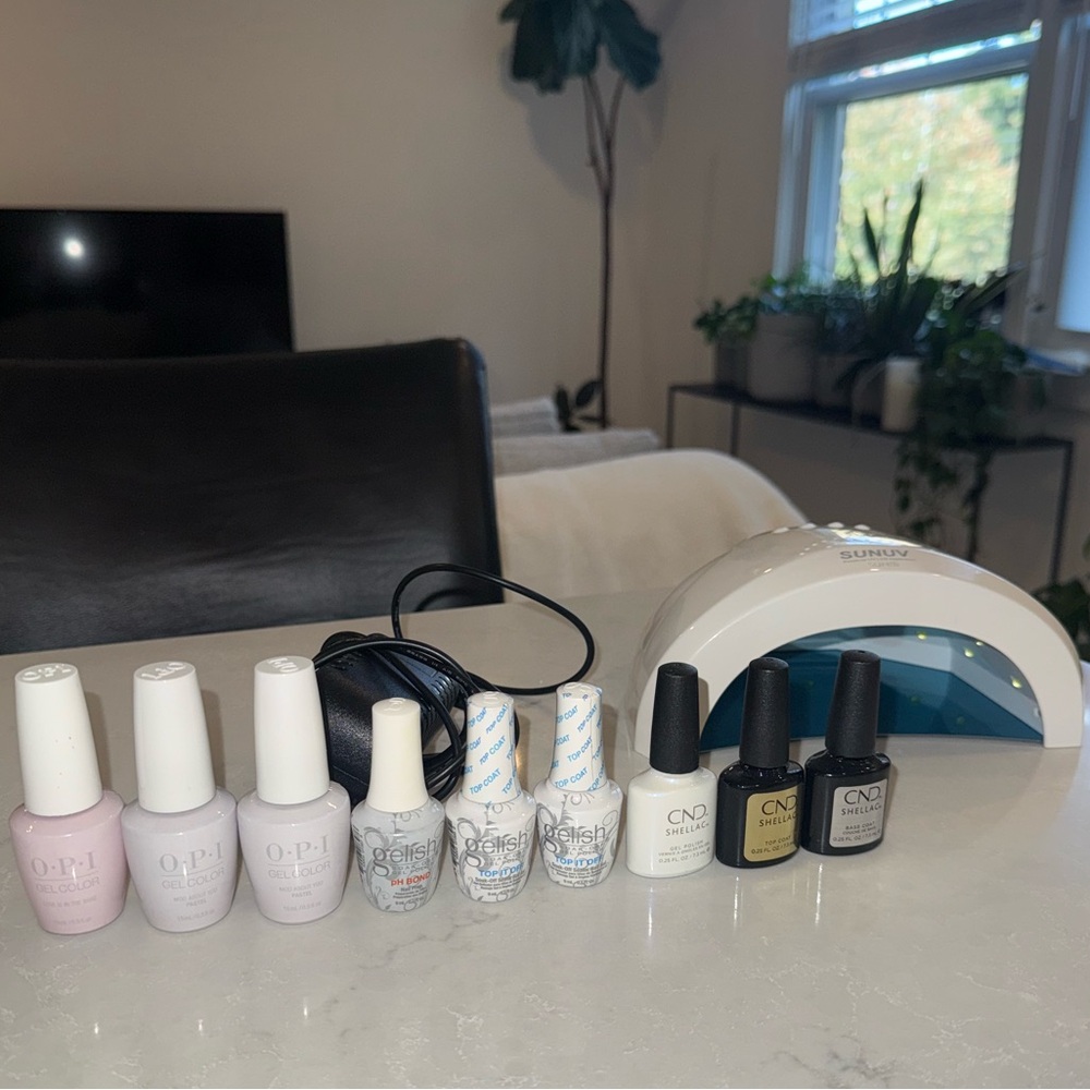 Home Gel Nail UV Light with Gorgeous Pink Nude Polishes, Base Coat, Top Coat